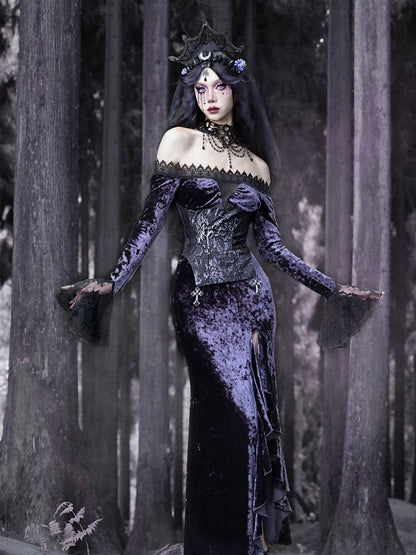 Gothic Purple Velvet High Slit Mermaid Dress