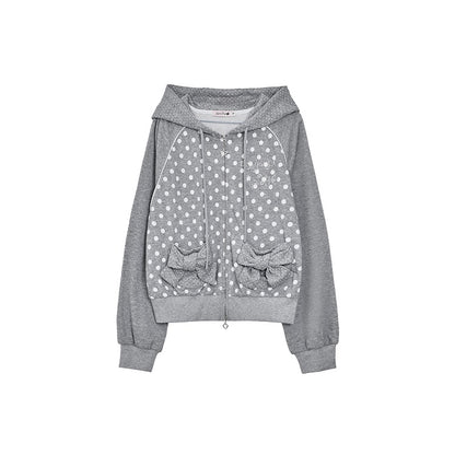 Black / Gray Polka Dot Raglan Sleeve Hoodie Jacket with Decorative Bow