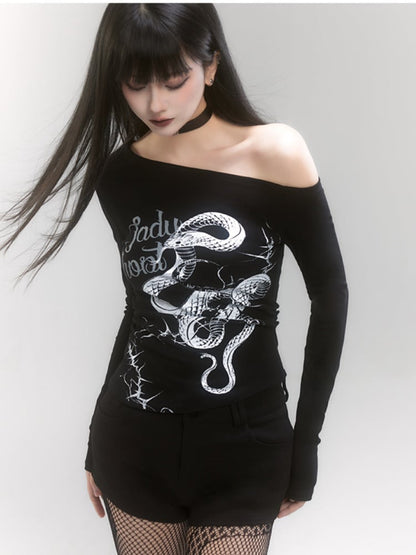 Black Asymmetrical Neckline Snake Print Slim-fitting Top