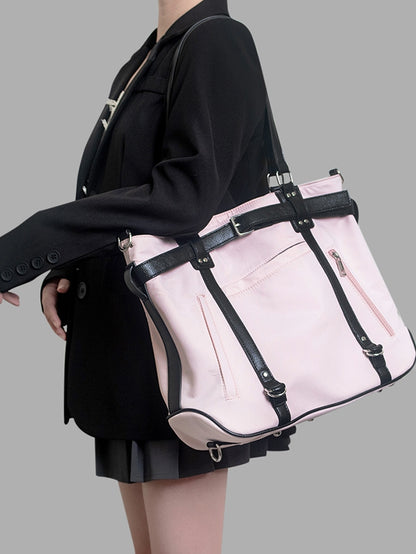 Large-Sized Pink Tote With Bold Contrast Strap Details