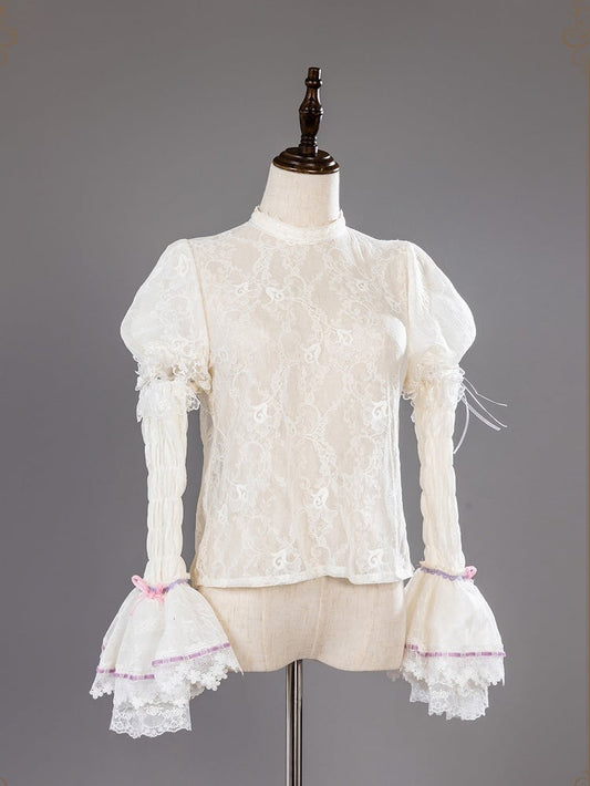 Beige and Purple Lace Blouse with Detachable Sleeves