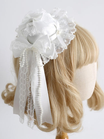 White Beaded Decorated Bowknot Details Lace Trim Mini Hat