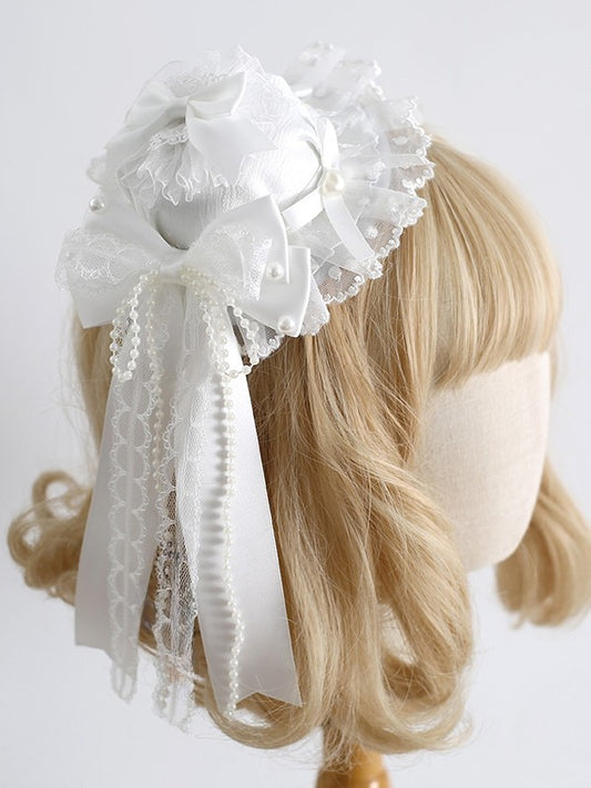 White Beaded Decorated Bowknot Details Lace Trim Mini Hat