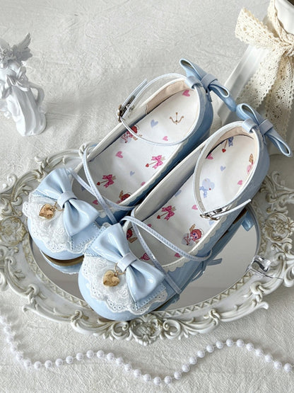 Baby Blue Heart Charm Bow at Top Lace Trim Crisscross Design Lolita Shoes