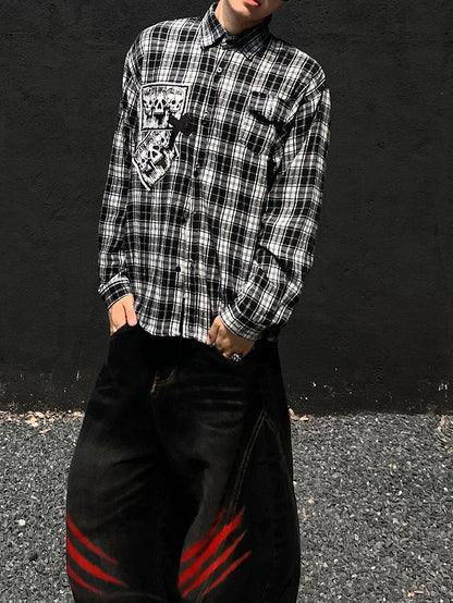 Punk Rock Skeleton and Cross Appliques Black & White Plaid Shirt