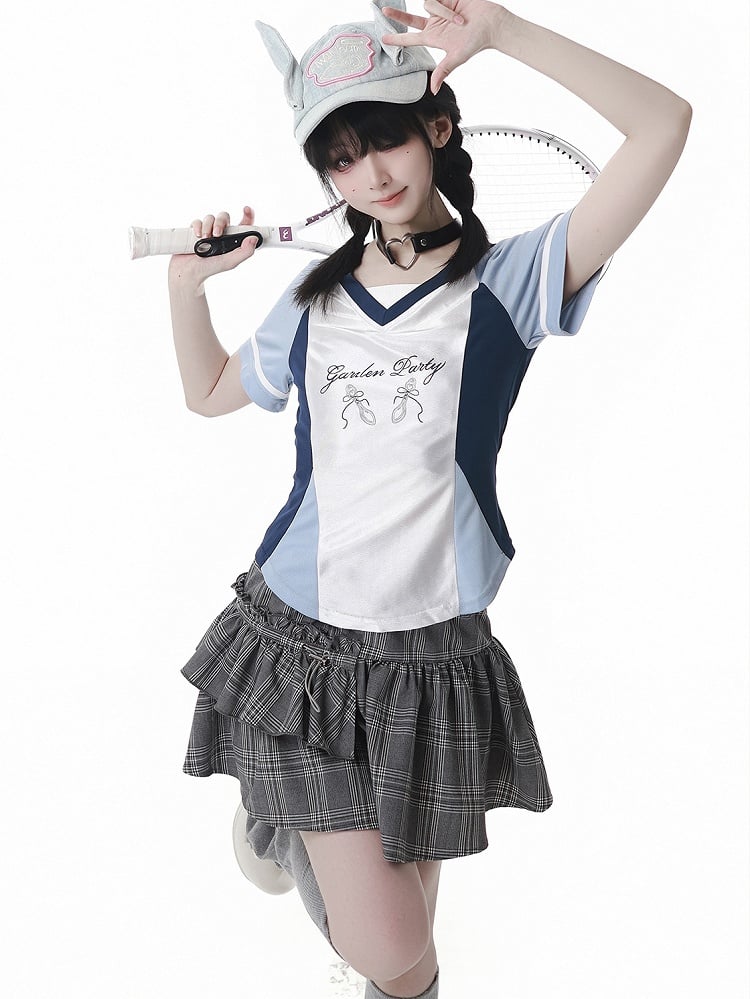 Gray Elastic Waist Tiered Plaid Skirt