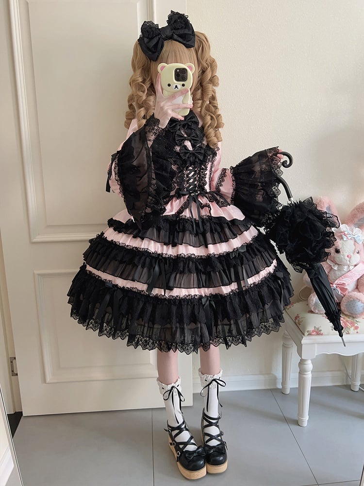 Black and Pink Tiered Ruffle Skirt Bows Decorated Long Bell Sleeves Lolita Dress