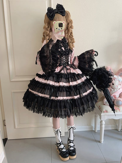 Black and Pink Tiered Ruffle Skirt Bows Decorated Long Bell Sleeves Lolita Dress