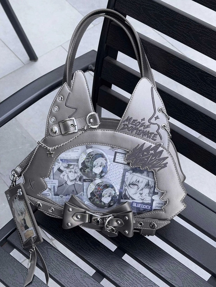 Kitty Ear Design Bowknot Studs Detail Gray PU Tote Bag Ita Bag with Free Card Holder