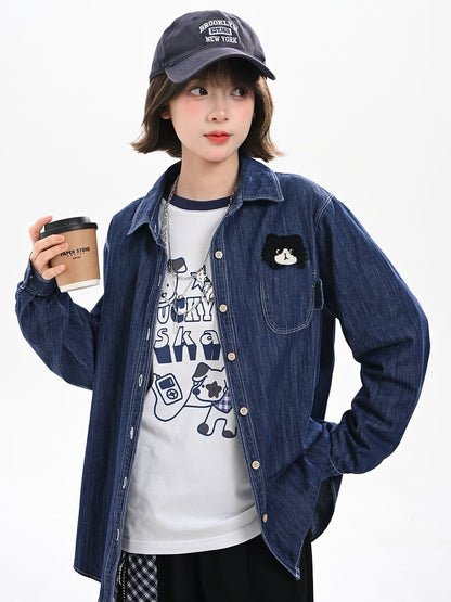 Cute Kitty Embroidery Dark Blue Faded Wash Denim Shirt