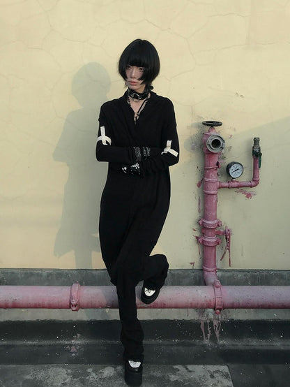 Edgy Gothic Cross Embroidery Black Knit Cardigan