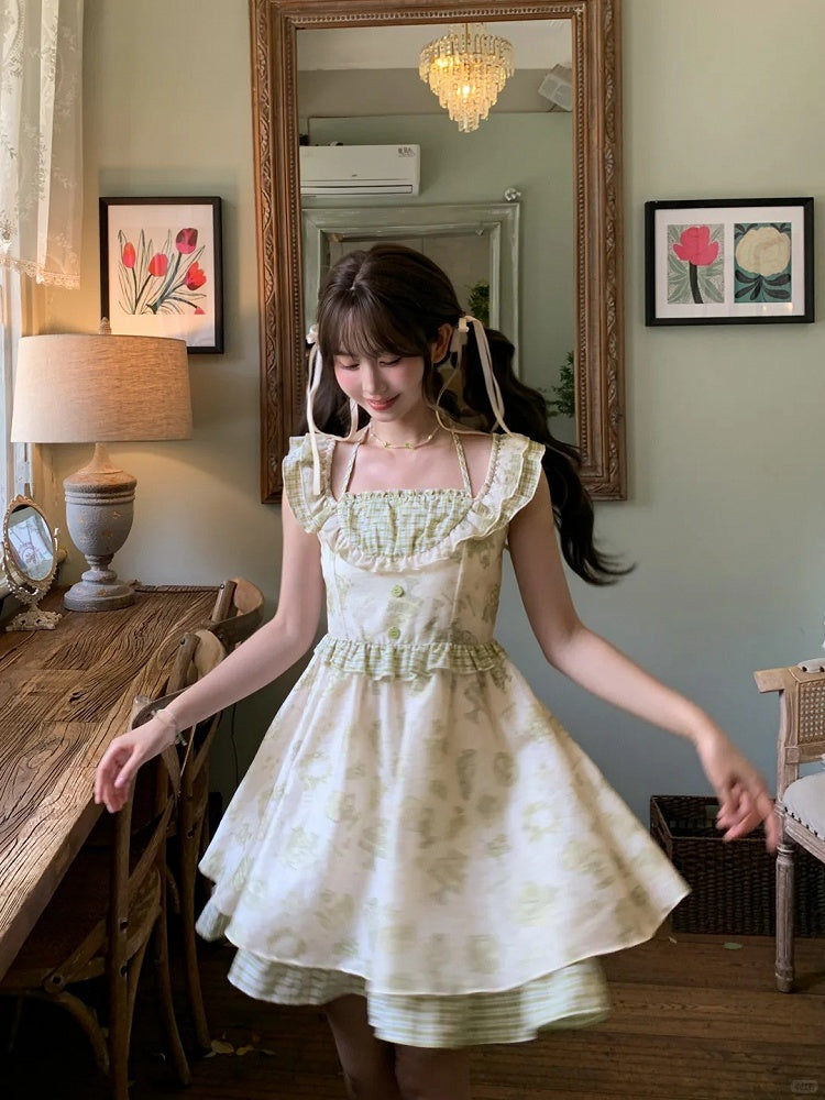 Light Green Plaid Flutter Sleeves Cartoon Print Mori Kei Halter Dress