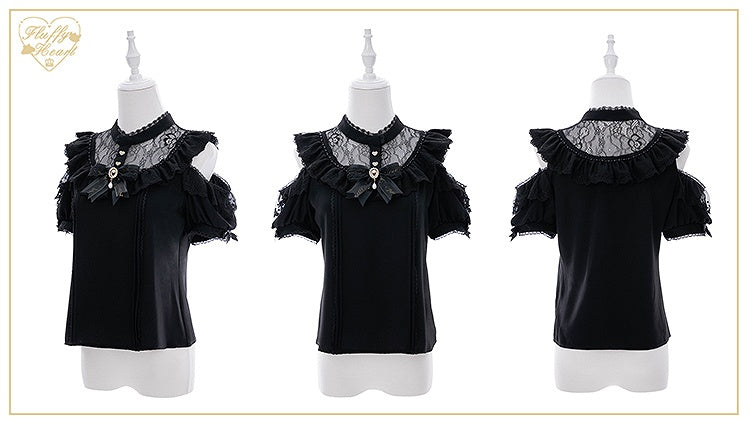 Jirai Kei Black Illusion Neckline Cutout Shoulder Short Sleeve Blouse with Free Bowtie