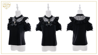 Jirai Kei Black Illusion Neckline Cutout Shoulder Short Sleeve Blouse with Free Bowtie