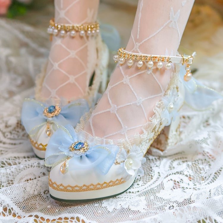 White & Blue Floral and Bow Accent 5CM/6CM/8CM Hime Lolita Block Heels