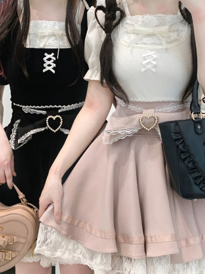 Jirai Kei Lace Trim Beaded Heart Decorated Big Bow Lace-up Back Black/Light Blue Skirt