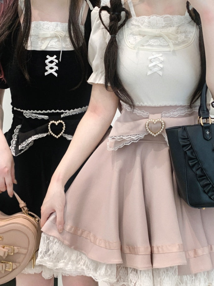 Jirai Kei Pink/White/Black Lace Trim Bowknot Details Puff Sleeves Blouse