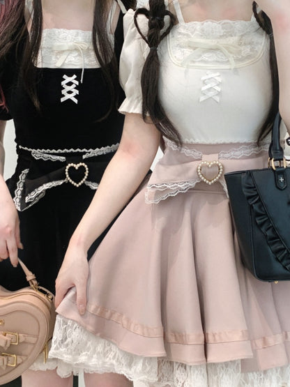 Jirai Kei Pink/White/Black Lace Trim Bowknot Details Puff Sleeves Blouse