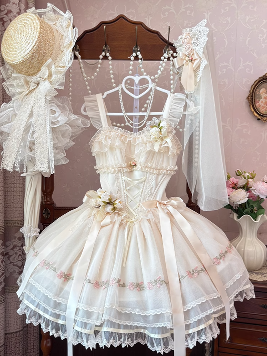 Beige Ribbon Bowknots Decoration Boned Waist Balletcore Sweet Lolita Dress Flutter Sleeves JSK