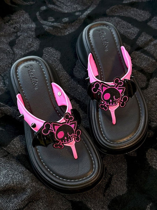 Black and Pink Bat Wings Skeleton Applique Flip-flops Gothic Summer Slippers