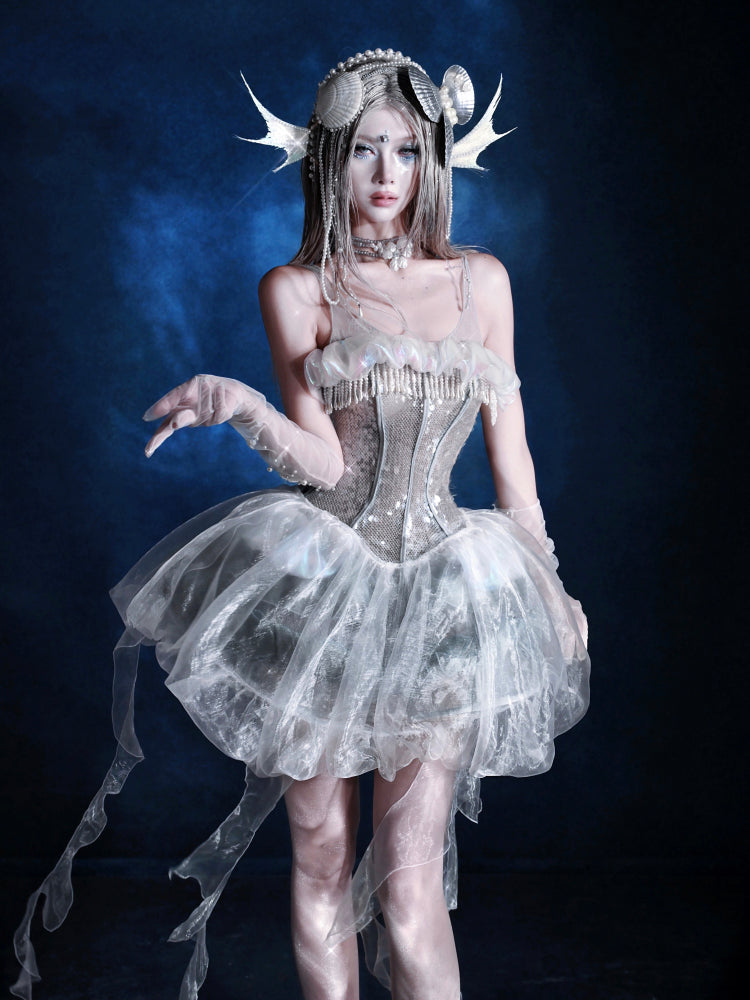 Birdcage Design Hem Shiny Sequins Boning Corset Dress + Jellyfish Overlay