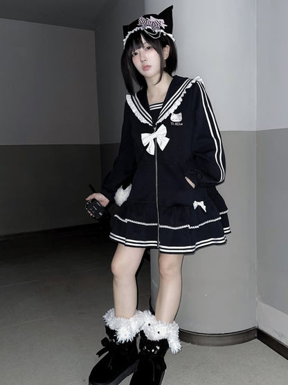 Jirai Kei Black Kitty Embroidery Sailor Collar Zip Closure Landmine Style Dress