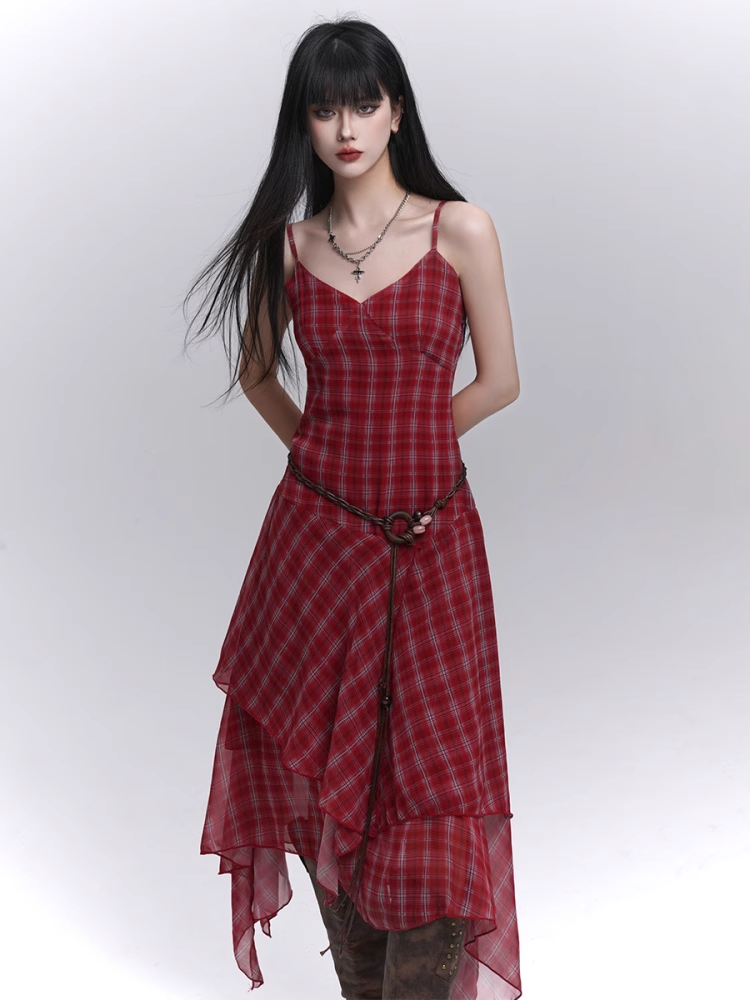 Red Plaid V-Neck Handkerchief Hem Cami Dress