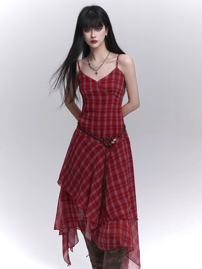 Red Plaid V-Neck Handkerchief Hem Cami Dress