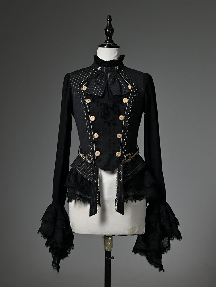 Black Jabot Ruffle Neckline Cadcading Ruffle Cuffs Long Sleeves Ouji Lolita Top