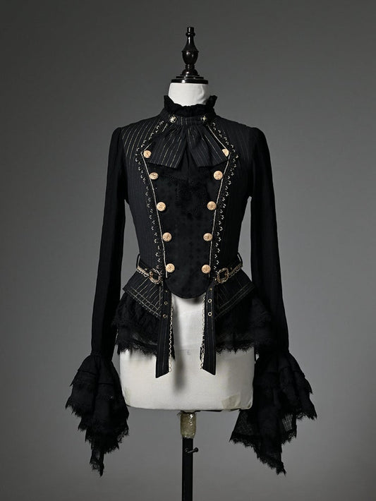 Black Jabot Ruffle Neckline Cadcading Ruffle Cuffs Long Sleeves Ouji Lolita Top