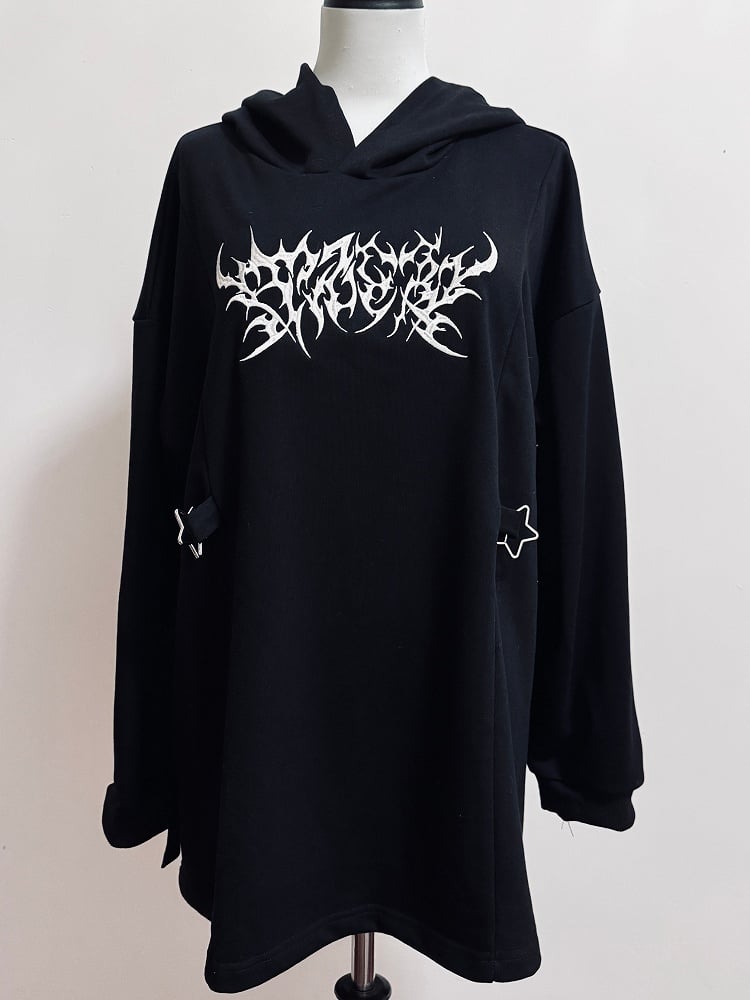 Black Jirai Kei Embroidery Decorated Buckle Details Hoodie
