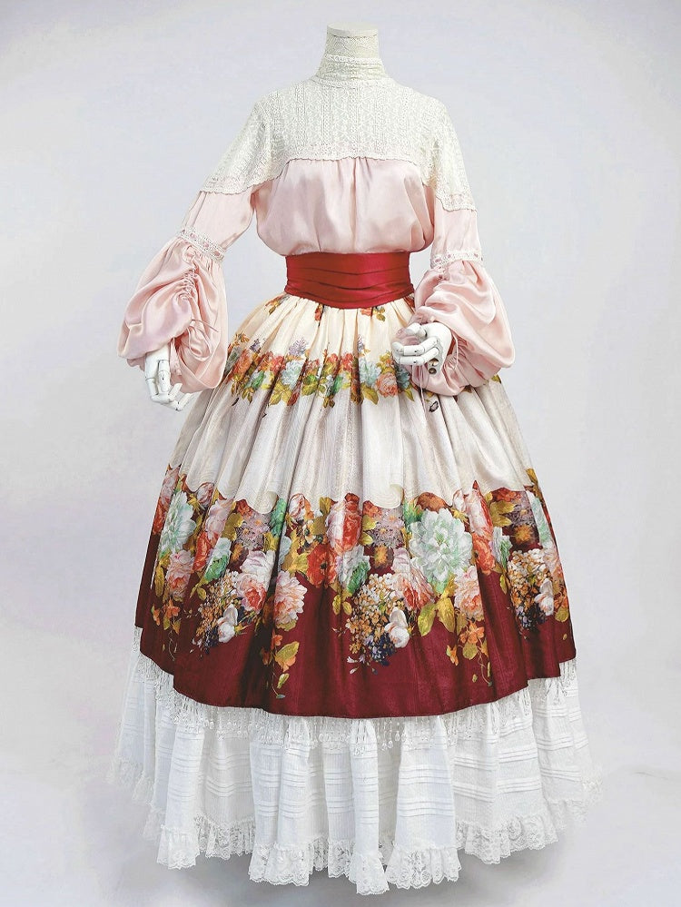 Historical Full Set- Pink Blouse + Wine Red Crystal Tassel Floral Skirt + Red Wide Belt