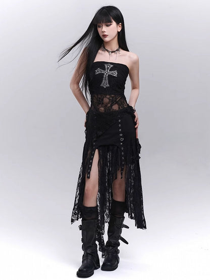 Black Elastic Waist Asymmetrical Hem Side Slit Lace Skirt