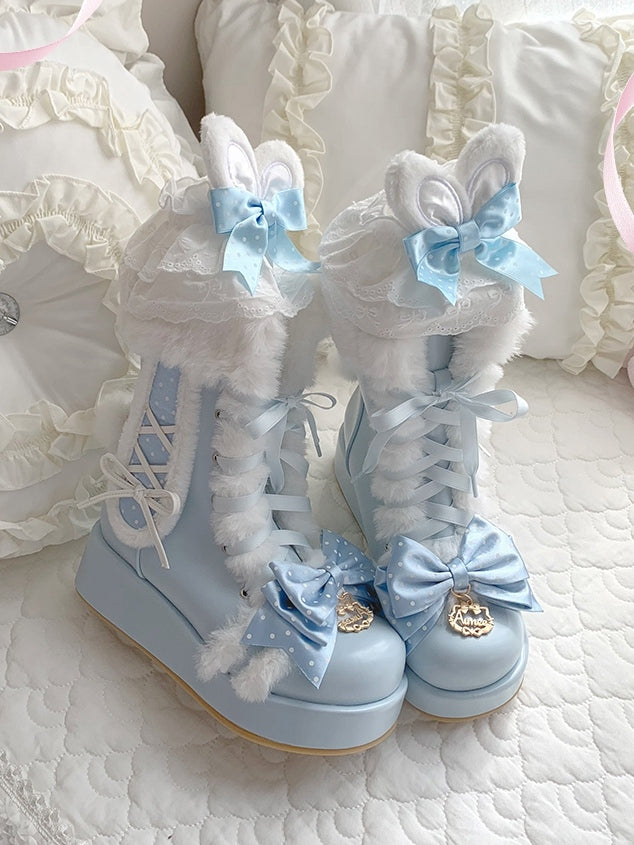 Bunny-Themed Sweet Blue Winter Boots for Lolita with Bow at Top & Lace-up Closure