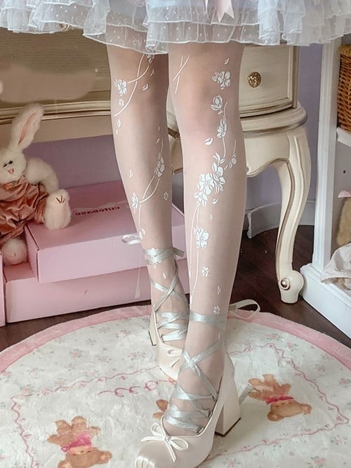 White Sakura Print Sweet Lolita Tights