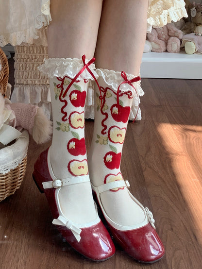 Green/Red Apple Print Lace Trim Sweet Lolita Calf Socks