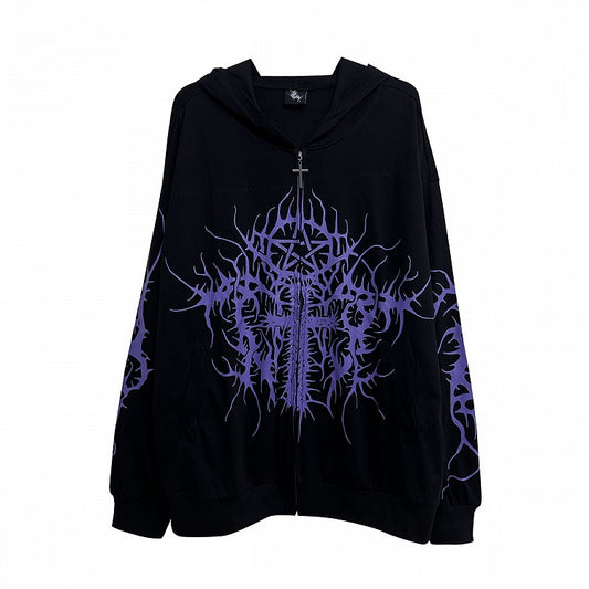 Purple Cross and Pentagram Print Black Zip-up Hooded Jacket for Spring and Summer