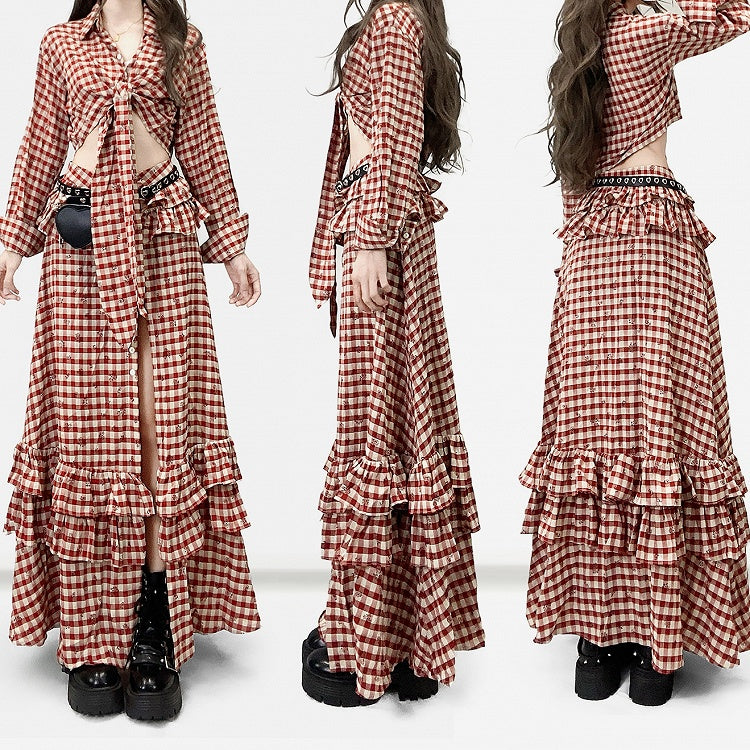 Red Plaid Pattern Floral Print Twist Details Shirt + Thigh-high Slit High-low Skirt