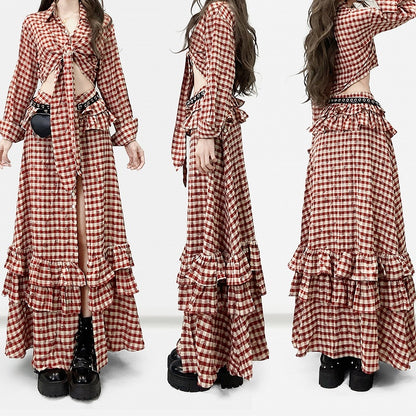 Red Plaid Pattern Floral Print Twist Details Shirt + Thigh-high Slit High-low Skirt