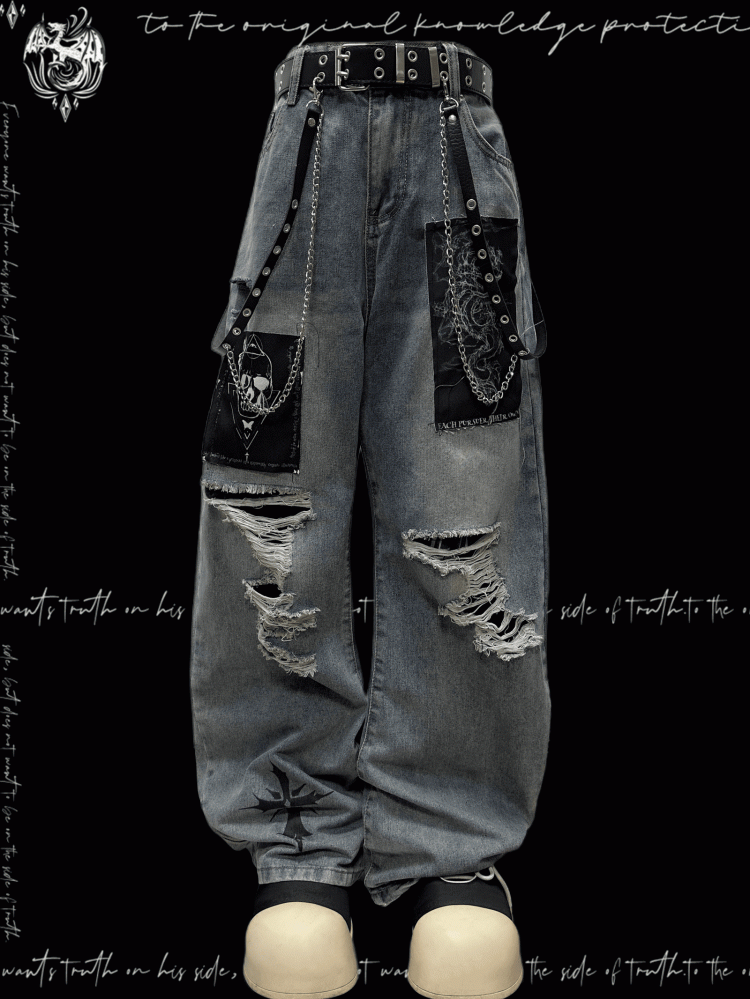 Blue Distressed Holes Skeleton Applique Punk Wide-leg Jeans