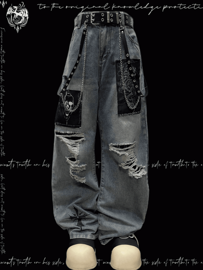 Blue Distressed Holes Skeleton Applique Punk Wide-leg Jeans