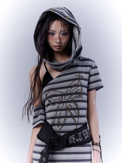Gray and Green Cutout Shoulder Wasteland Punk Hooded Striped Dress with Buckle Belt