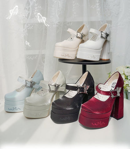 Bowknot Embroidery Butterfly-shaped Buckle Black Platform Mary Janes High Block Heels