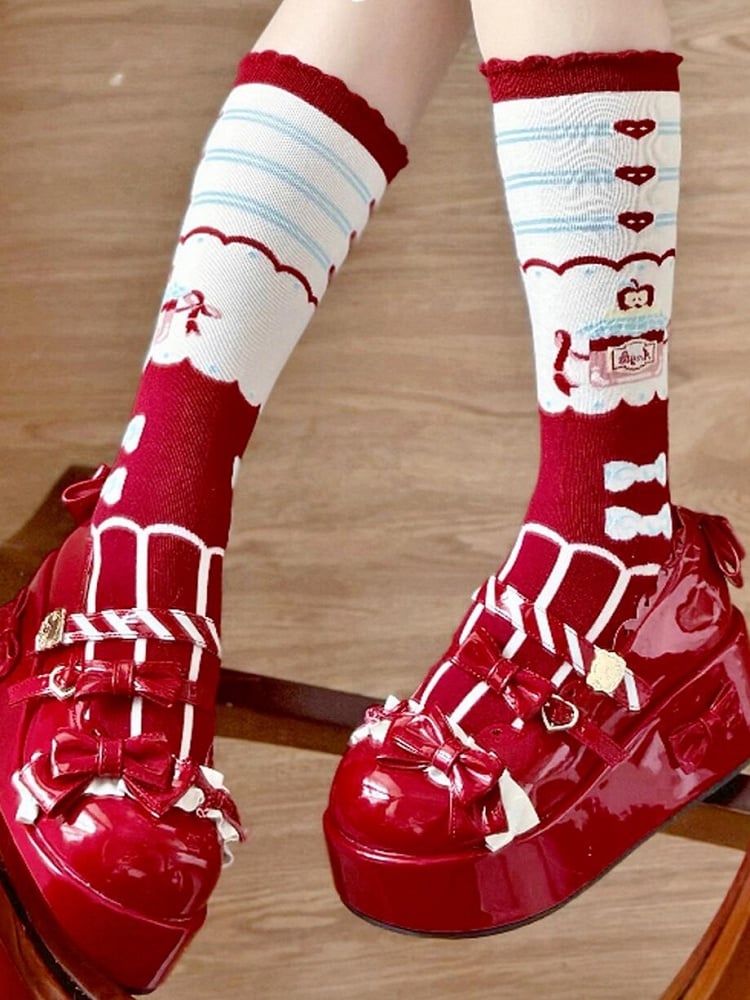 Red Apple Heart Honey Jar Bowknot Print Striped Pattern Lolita Calf Socks
