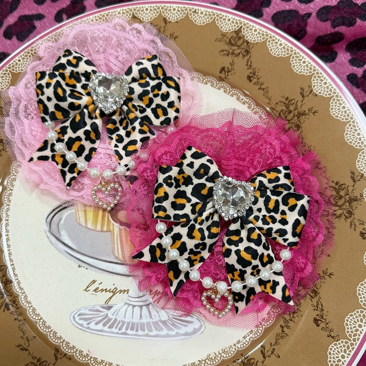 Pink/Rose Red Beaded Charm Rhinestone Heart Decorated Leopard Pattern Lace Trim Bowknot Hairclip