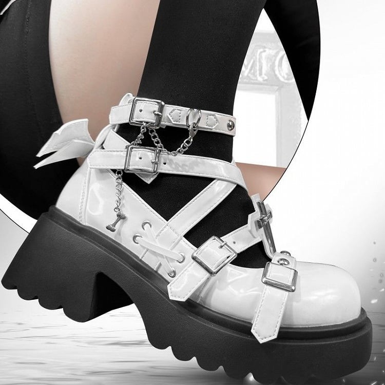 Silver-tone Studs Cross White Platform Chunky Heels Punk Shoes