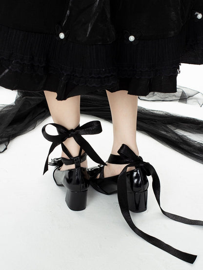 Bat Wings Bow Gothic Black Lace-up Block Heels Balletcore Shoes