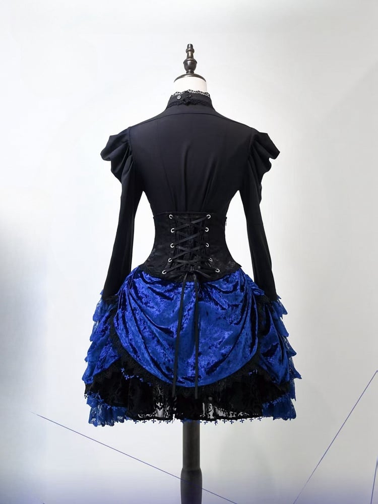 Black and Klein Blue Gothic Lolita Full Set - Long Bell Sleeves Shirt + Boned High Waist Skirt + Jabot Tie + Mini Hat