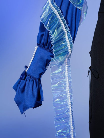 Deep Sea Blue Siren Cascading Ruffle Accents Bead Chain Long Sleeves Prince Shirt