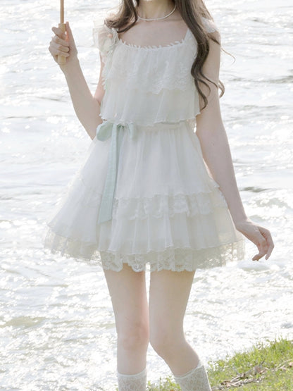 Sweet White Tiered Lace Trim Flutter Sleeves Dress with Brooch and Waist Belt